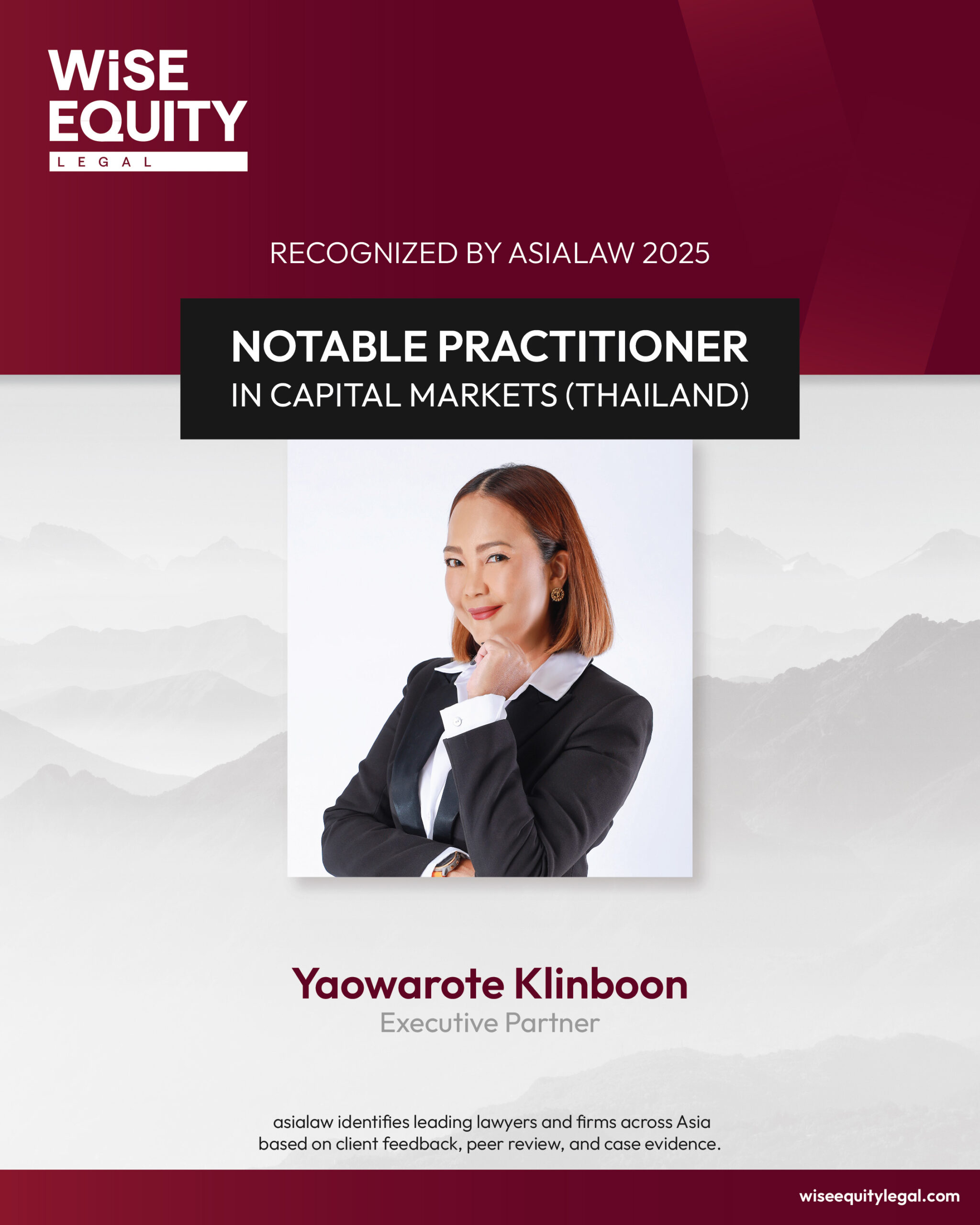 Wise Equity Executive Partner Yaowarote Klinboon Recognized as Notable Practitioner in Capital Markets by asialaw
